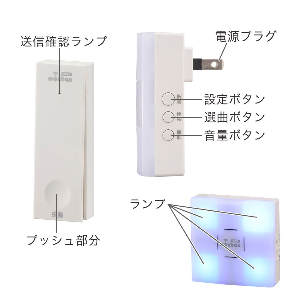 monban CUBE II ワイヤレスチャイムセット 自家発電式押しボタン送信機＋光フラッシュAC電源式受信機_08-1919_OCH-ECOT-ACR25_OHM（オーム電機）