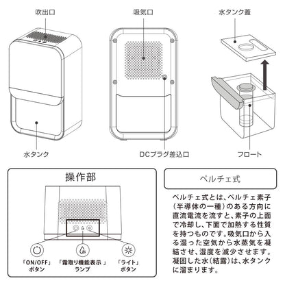 コンパクト除湿機（ペルチェ式/ライト機能/霜取り機能/容量800ml/ホワイト）_08-3317_DH-100-W_OHM（オーム電機）