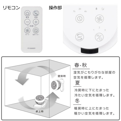 サーキュレーター（壁掛・卓上両用/～ 12畳/360°自動首振/風量3段階/モード3種類/切タイマー7段階/コード1.8m/リモコン付）_08-3336_FF-SQ850RY_OHM（オーム電機）