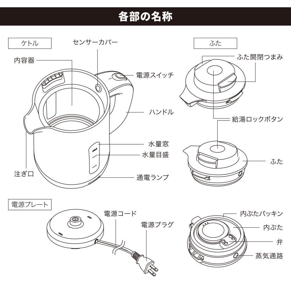 お湯がこぼれにくいケトル（最大容量1.0リットル/800W/ホワイト）_08-3337_COK-WSK800A-W_OHM（オーム電機）