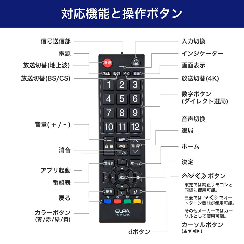 テレビリモコン 汎用 ブラック_RC-TV102BK_ELPA（エルパ・朝日電器）
