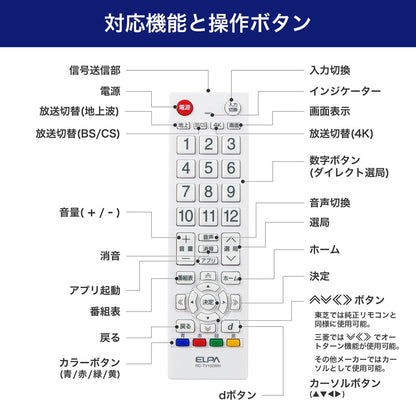 テレビリモコン 汎用 ホワイト_RC-TV102WH_ELPA（エルパ・朝日電器）