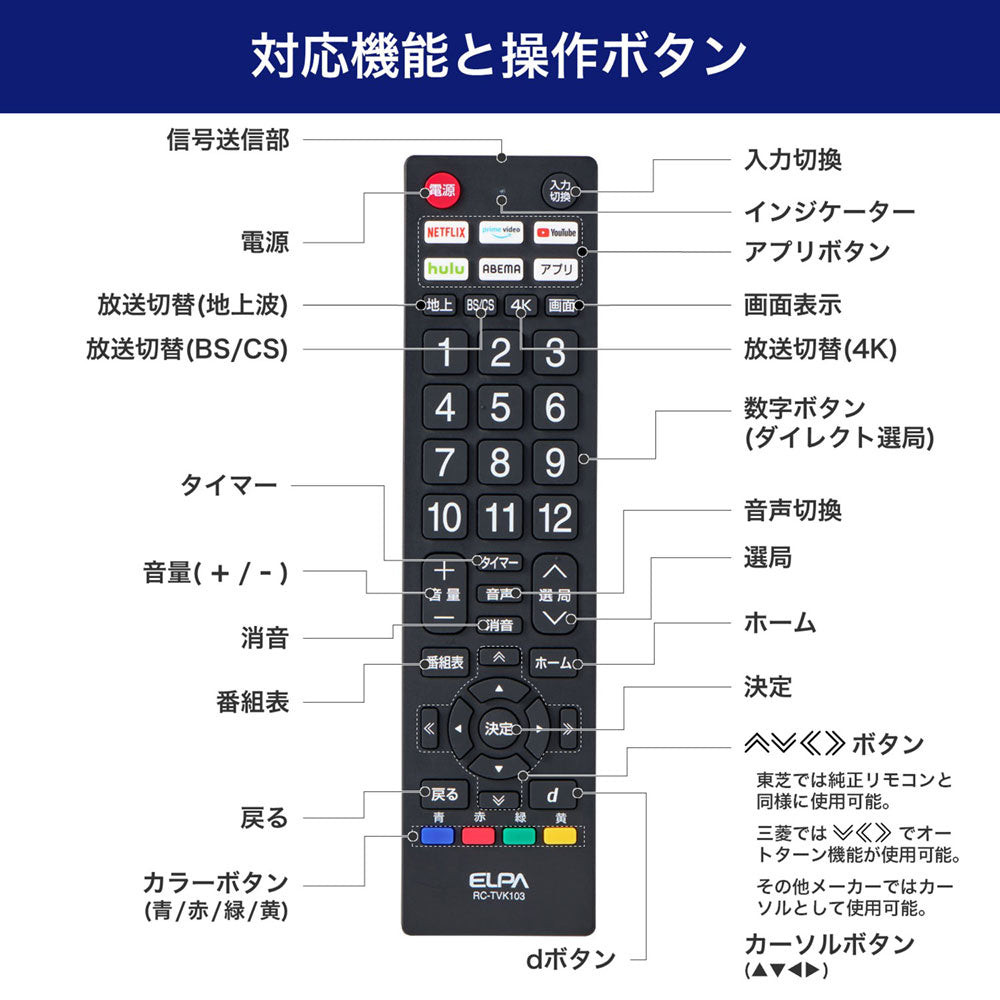 抗菌テレビリモコン 汎用 アプリボタン付き_RC-TVK103_ELPA（エルパ・朝日電器）