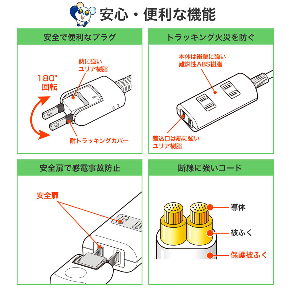 電源タップ AC 3個口 コード長 1m 雷ガード ほこりガード ホワイト_WBT-N3010SB(W)_ELPA（エルパ・朝日電器）