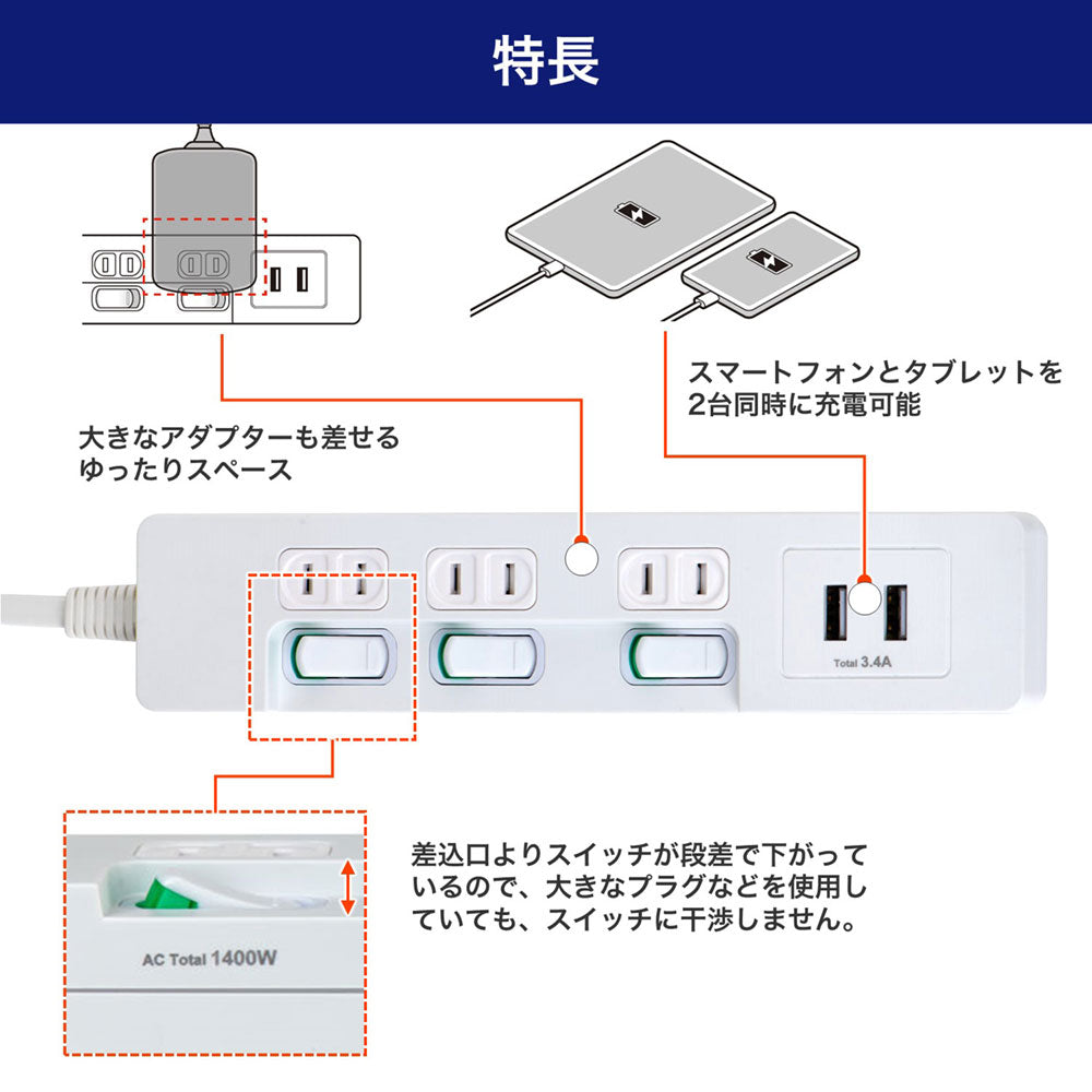 電源タップ ランプレス個別スイッチ AC3個口 USB-A×2 コード長2m ホワイト_WLS-E3232UA(W)_ELPA（エルパ・朝日電器）