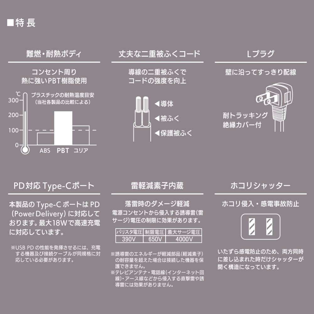雷ガード付節電タップ（3個口/2m/Type-C[PD対応]×1、Type-A×1/ホコリシャッター/L型プラグ/ブラック）_00-1008_HS-TKU32PD23-K_OHM（オーム電機）