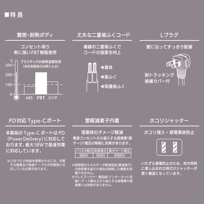 雷ガード付節電タップ（3個口/2m/Type-C[PD対応]×1、Type-A×1/ホコリシャッター/L型プラグ/ブラック）_00-1008_HS-TKU32PD23-K_OHM（オーム電機）