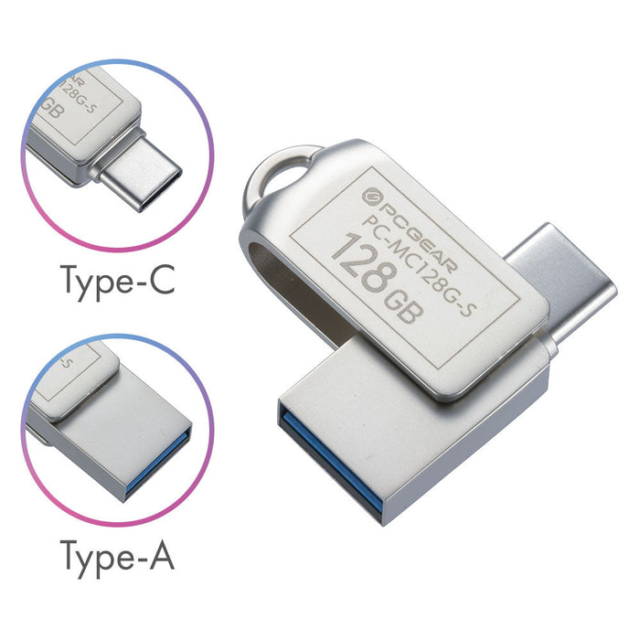 USBメモリ（128GB/USB3.2Gen1/Type-C＆A/回転式キャップ）_01-0065_PC-MC128G-S_OHM（オーム電機）