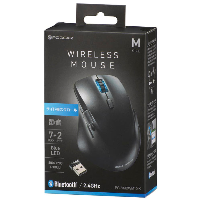 ワイヤレスマウス（サイド横スクロール/7ボタン+2ホイール/Mサイズ/Bluetooth5.2/無線2.4GHz帯/ブラック）_01-3600_PC-SMBWM10 K_OHM（オーム電機）