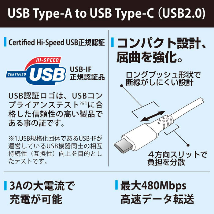Type-Cケーブル（ロングブッシュ形状/USB Type-A to Type-C/1m/ホワイト）_01-7128_SMT-L10CAS-W_OHM（オーム電機）