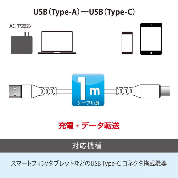 Type-Cケーブル（ロングブッシュ形状/USB Type-A to Type-C/1m/ホワイト）_01-7128_SMT-L10CAS-W_OHM（オーム電機）