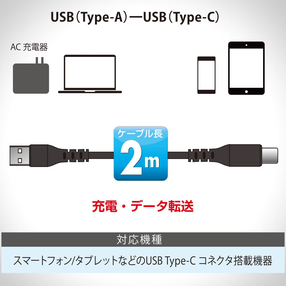 USBケーブル（Type-A+Type-C/高出力急速充電/ロングブッシュ/4方向スリット/2m/ブラック）_01-7133_SMT-L20CAS-K_OHM（オーム電機）