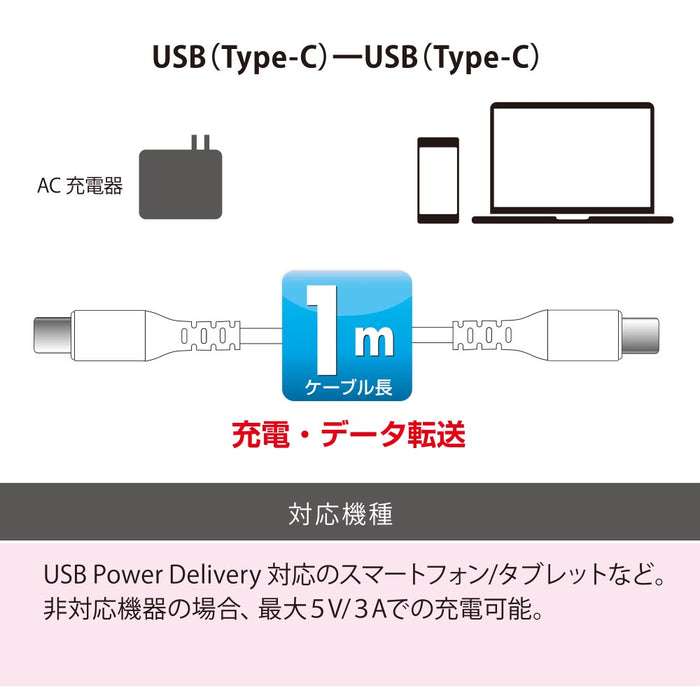PD対応Type-Cケーブル（ロングブッシュ形状/USB Type-C to Type-C/1m/ホワイト）_01-7194_SMT-L10PD-W_OHM（オーム電機）