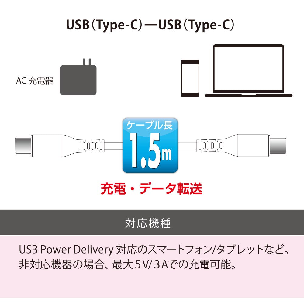 PD対応USBケーブル（100W高出力/Type-C+Type-C/ロングブッシュ/1.5m/4方向スリット/ホワイト）_01-7195_SMT-L15PD-W_OHM（オーム電機）