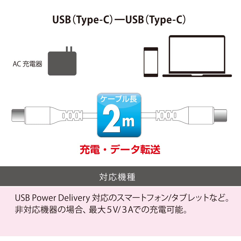 PD対応USBケーブル（100W高出力/Type-C+Type-C/ロングブッシュ/2m/4方向スリット/ホワイト）_01-7196_SMT-L20PD-W_OHM（オーム電機）