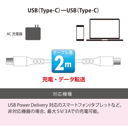 PD対応USBケーブル（100W高出力/Type-C+Type-C/ロングブッシュ/2m/4方向スリット/ホワイト）_01-7196_SMT-L20PD-W_OHM（オーム電機）
