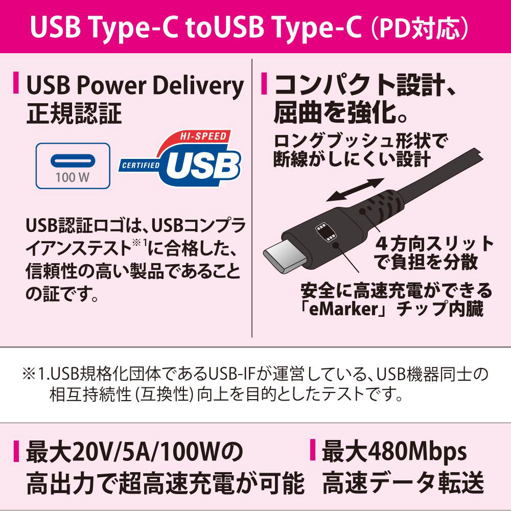 PD対応Type-Cケーブル（ロングブッシュ形状/USB Type-C to Type-C/1.5m/ブラック）_01-7198_SMT-L15PD-K_OHM（オーム電機）