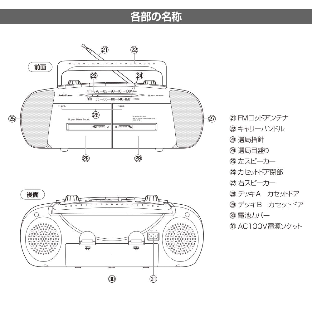 ダブルラジカセレコーダー（口径76mmスピーカー×2/重低音強調機能/ワイドFM/2電源方式/単1形×6本使用/シルバー）_03-5012_RCS-571Z_OHM（オーム電機）
