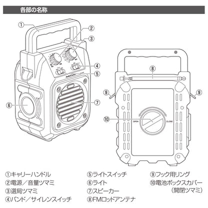 山策ラジオ（保護等級IP66防塵防水形/ワイドFM/単2形×4本使用/LEDライト付/サイレン付/本体580g）_03-5566_RAD-H339N_OHM（オーム電機）