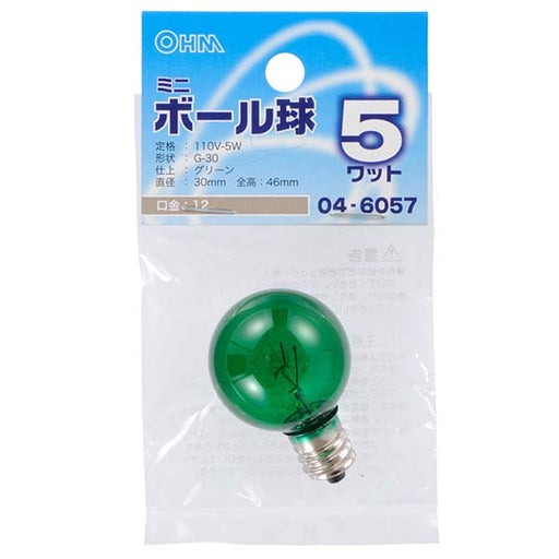 【納期約2週間】04-6057 ミニボール球（5W/グリーン/G30/E12） OHM（オーム電機）