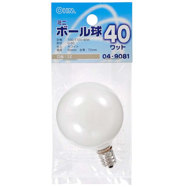 【納期約2週間】LB-G5240-W ミニボール球（40W/ホワイト/G50/E12） OHM（オーム電機）