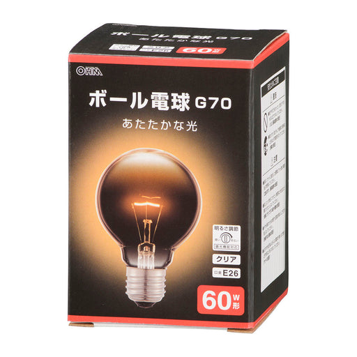 白熱ボール電球（G70/60W形/E26/クリア/750 lm/電球色/調光機能対応）_06-0869_LB-G7660K-CN_OHM（オーム電機）