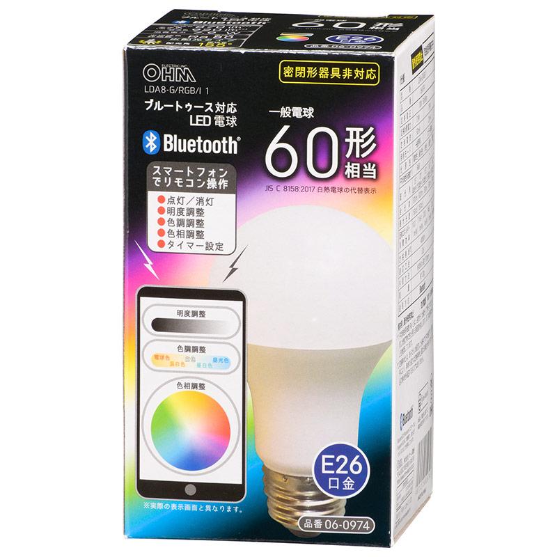 Bluetooth対応LED電球（明度、色調、色相調整/電球色870lm、昼光色920lm/カラー照明：赤色38lm、緑色88lm、青色24lm/E26/広配光）_06-0974_LDA8-G/RGB/I 1_OHM（オーム電機）