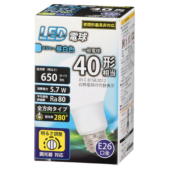 06-1872_LDA6N-G/D G11_LED電球（40形相当/650 lm/昼白色/E26/全方向280°/調光器対応）_OHM オーム電機