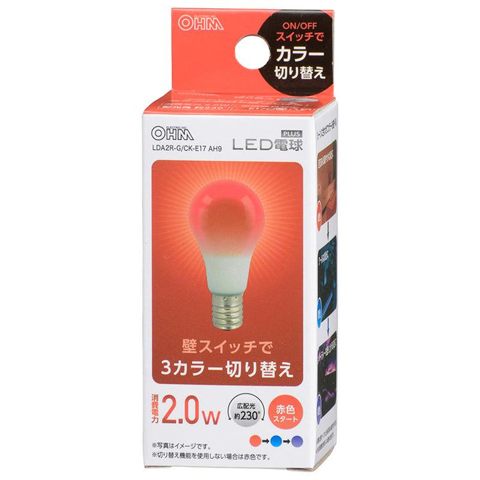 06-3445_LDA2R-G/CK-E17AH9_LED電球（E17/広配光230°/密閉形器具対応/青・赤・紫3カラー切替機能付/赤スタート）_OHM オーム電機