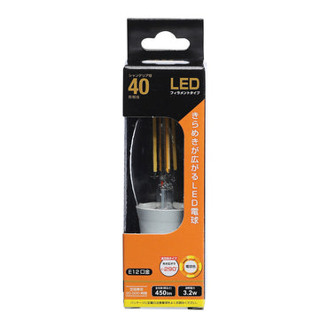 LEDフィラメントタイプ電球 シャンデリア球 クリア（40形相当/450 lm/3.2W/電球色/E12/全方向配光290°）_06-3456_LDC3L-E12 C6_OHM（オーム電機）
