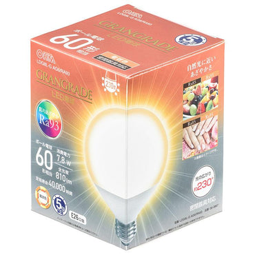 LED電球 ボール球形「GRANGRADE」（60形相当/Ra93/810lm/電球色/E26/配光角230°/密閉形器具対応）_06-3867_LDG8L-G AG6/RA93_OHM（オーム電機）