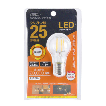 LEDフィラメントタイプ電球 クリプトン球（25形相当/252 lm/1.8W/電球色/E17/全方向配光290°）_06-3880_LDA2L-E17 C6/PS35_OHM（オーム電機）