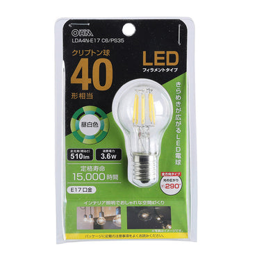 LEDフィラメントタイプ電球 クリプトン球（40形相当/510 lm/3.6W/昼白色/E17/全方向配光290°）_06-3883_LDA4N-E17 C6/PS35_OHM（オーム電機）
