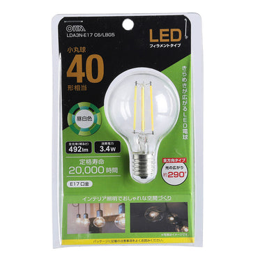 LEDフィラメントタイプ電球 小丸球（40形相当/492 lm/3.4W/昼白色/E17/全方向配光290°）_06-3889_LDA3N-E17 C6/LBG5_OHM（オーム電機）