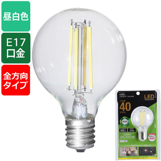 LEDフィラメントタイプ電球 小丸球（40形相当/492 lm/3.4W/昼白色/E17/全方向配光290°）_06-3889_LDA3N-E17 C6/LBG5_OHM（オーム電機）