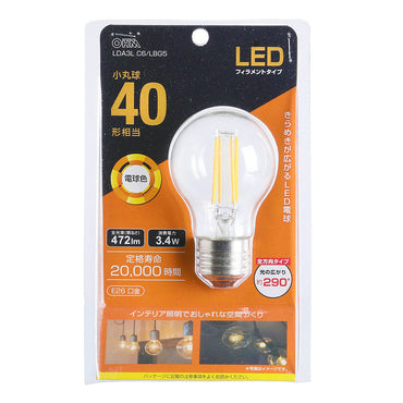 LEDフィラメントタイプ電球 小丸球（40形相当/472 lm/3.4W/電球色/E26/全方向配光290°）_06-3890_LDA3L C6/LBG5_OHM（オーム電機）