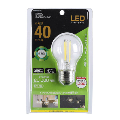 LEDフィラメントタイプ電球 小丸球（40形相当/489 lm/3.4W/昼白色/E26/全方向配光290°）_06-3891_LDA3N C6/LBG5_OHM（オーム電機）
