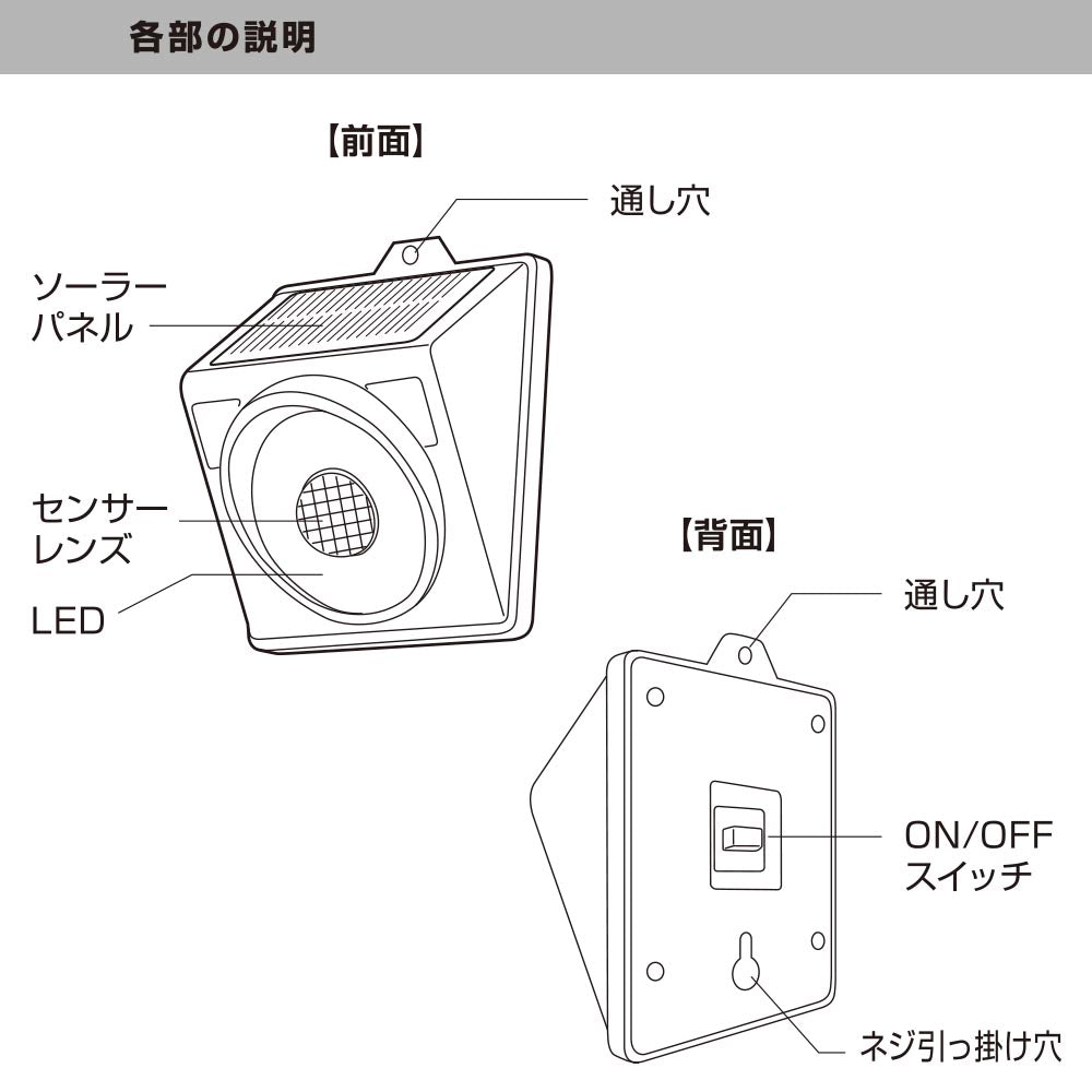 センサーウォールライト（400lm/ソーラー発電式/白色LED/昼光色/保護等級IP65/ブラック）_06-3964_LT-SSL40DW3_OHM（オーム電機）