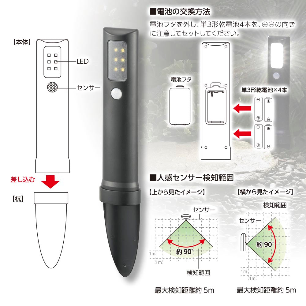 LEDガーデンライト（明暗・人感センサー付/80 lm/昼白色/単3形乾電池×4本使用）_06-4106_LS-B80GS-3_OHM（オーム電機）