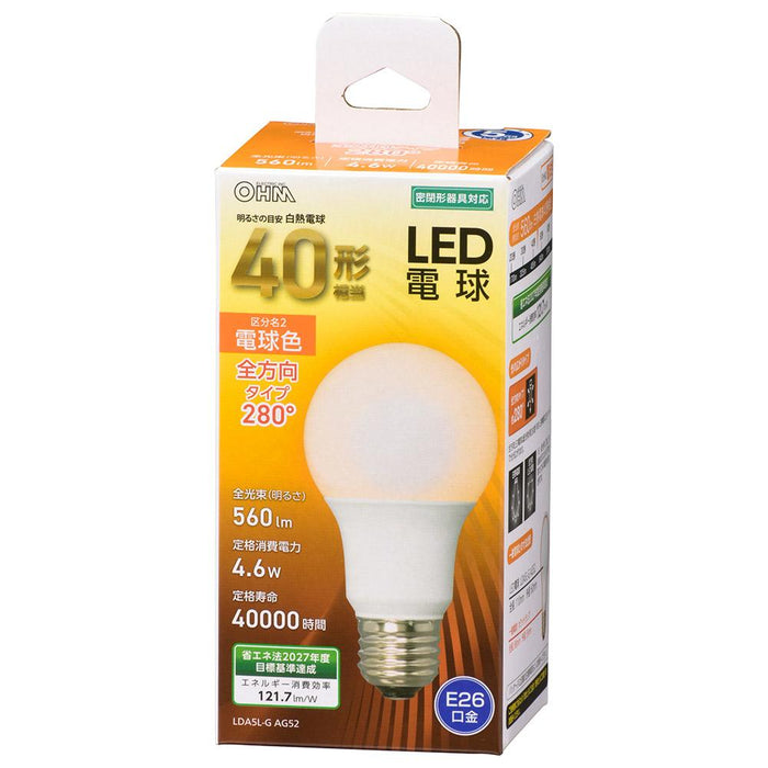 LED電球（40形相当/560lm/電球色/E26/全方向280°/密閉形器具対応）_06-4454_LDA5L-G AG52_OHM（オーム電機）