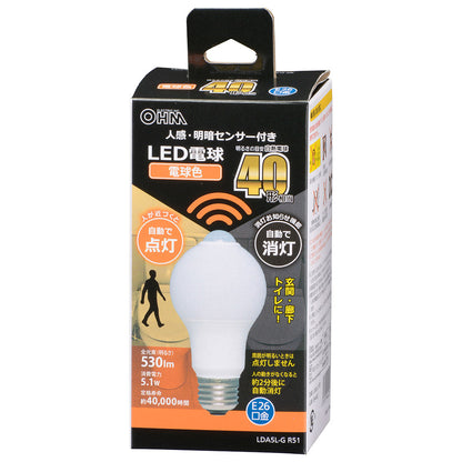 【消灯お知らせ機能搭載】LED電球（40形相当/5.1W/530lm/電球色/E26/人感・明暗センサー付）_06-4463_LDA5L-G R51_OHM（オーム電機）