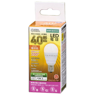 LED電球 小形（40形相当/530lm/電球色/E17/広配光200°/密閉器具対応/断熱材施工器具対応）_06-4474_LDA4L-G-E17 IS51_OHM（オーム電機）