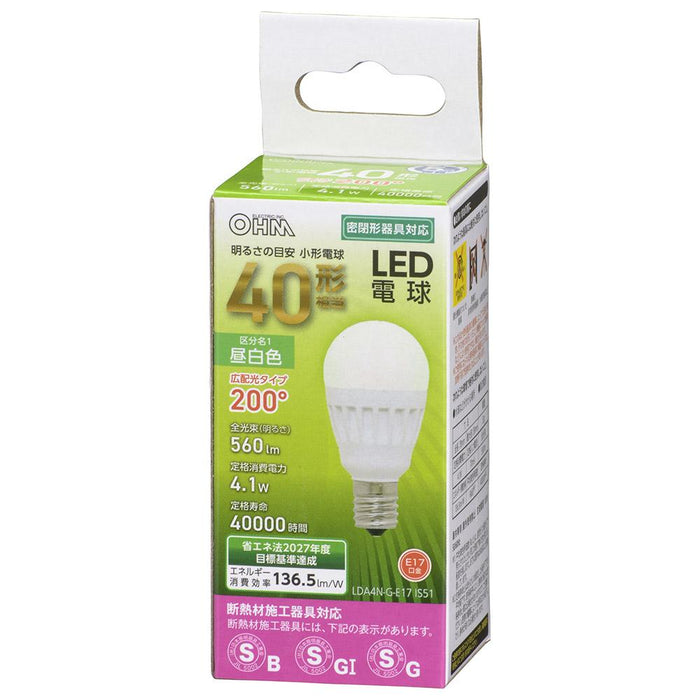 LED電球 小形（40形相当/560lm/昼白色/E17/広配光200°/密閉器具対応/断熱材施工器具対応）_06-4475_LDA4N-G-E17 IS51_OHM（オーム電機）
