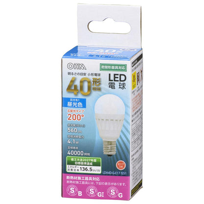 LED電球 小形（40形相当/560lm/昼光色/E17/広配光200°/密閉器具対応/断熱材施工器具対応）_06-4476_LDA4D-G-E17 IS51_OHM（オーム電機）