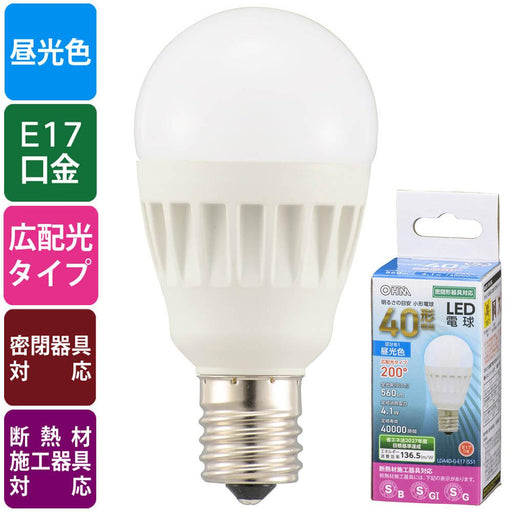 LED電球 小形（40形相当/560lm/昼光色/E17/広配光200°/密閉器具対応/断熱材施工器具対応）_06-4476_LDA4D-G-E17 IS51_OHM（オーム電機）