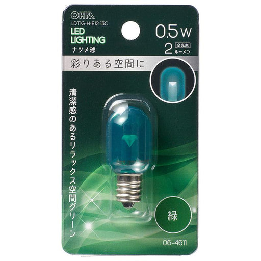 LEDナツメ球（装飾用/0.5W/2lm/緑色/T20/E12/クリアグリーン）_06-4611_LDT1G-H-E12 13C_OHM オーム電機