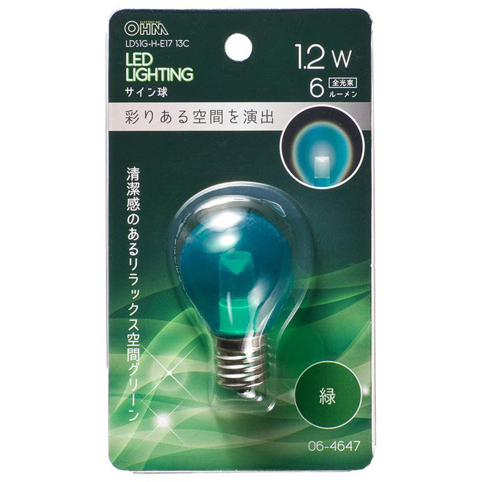 LEDサイン球（装飾用/1.2W/6lm/クリア緑色/S35/E17）_06-4647_LDS1G-H-E17 13C_OHM オーム電機
