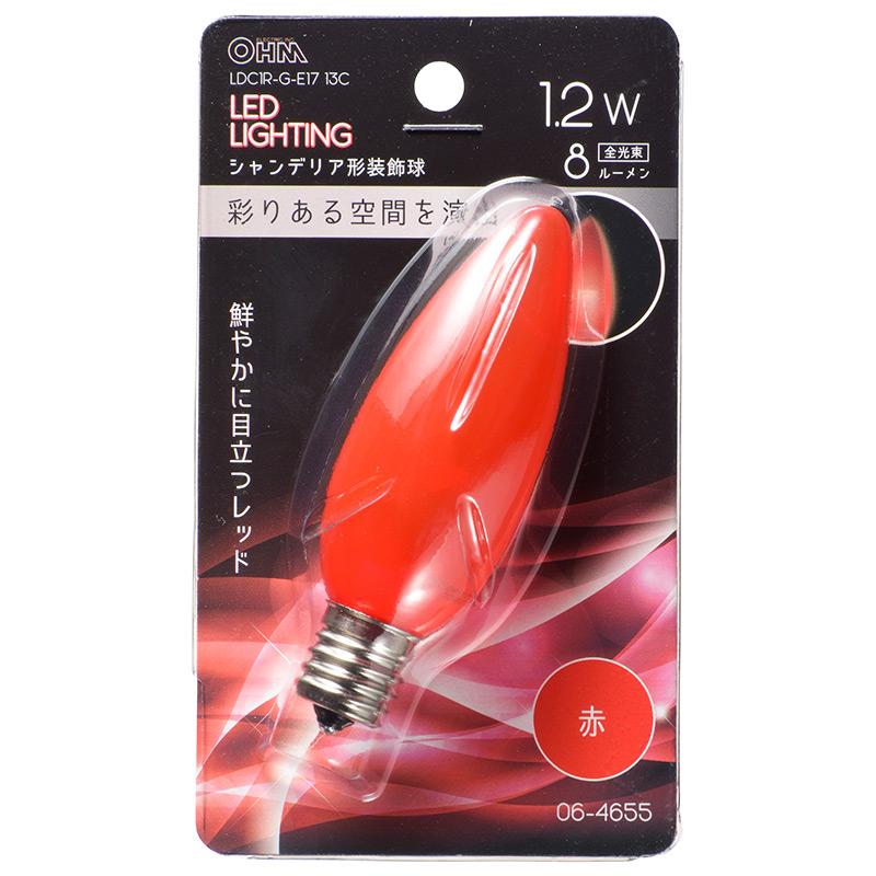 LEDシャンデリア形（装飾用/1.2W/8lm/クリア赤色/C32/E17）_06-4655_LDC1R-G-E17 13C_OHM オーム電機