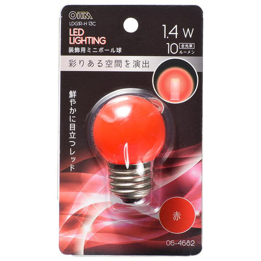 LEDミニボール球（装飾用/1.4W/10lm/クリア赤色/G40/E26）_06-4682_LDG1R-H 13C_OHM オーム電機