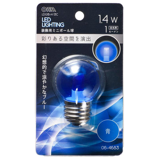 LEDミニボール球（装飾用/1.4W/1lm/クリア青色/G40/E26）_06-4683_LDG1B-H 13C_OHM オーム電機